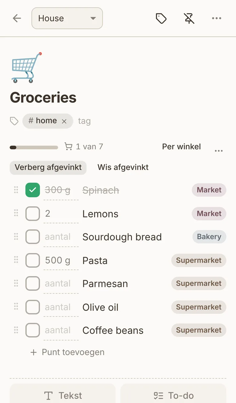 Inkt on an iPhone: a shopping list with quantities